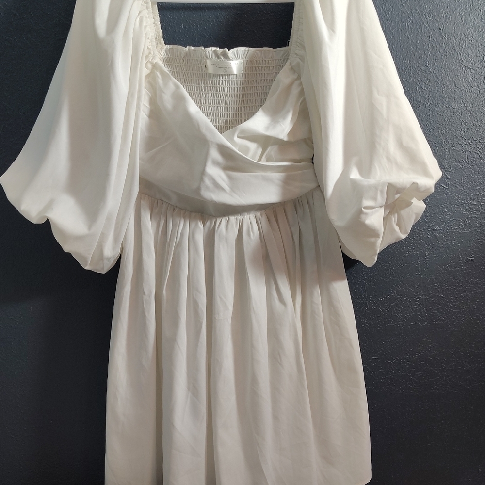 Ivory Puff Sleeve Formal Smocked Elegant  Mini Dress.